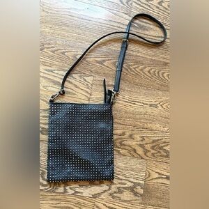 Platania Italian leather crossbody bag in antiqued brass studded black leather